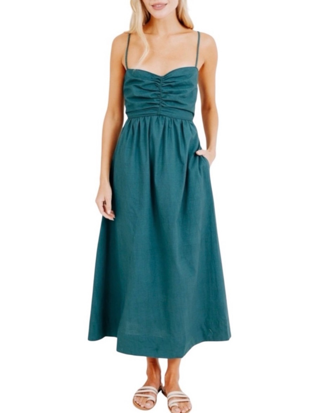 Mirth Teal Midi Sundress with Spaghetti Straps and Tie Back